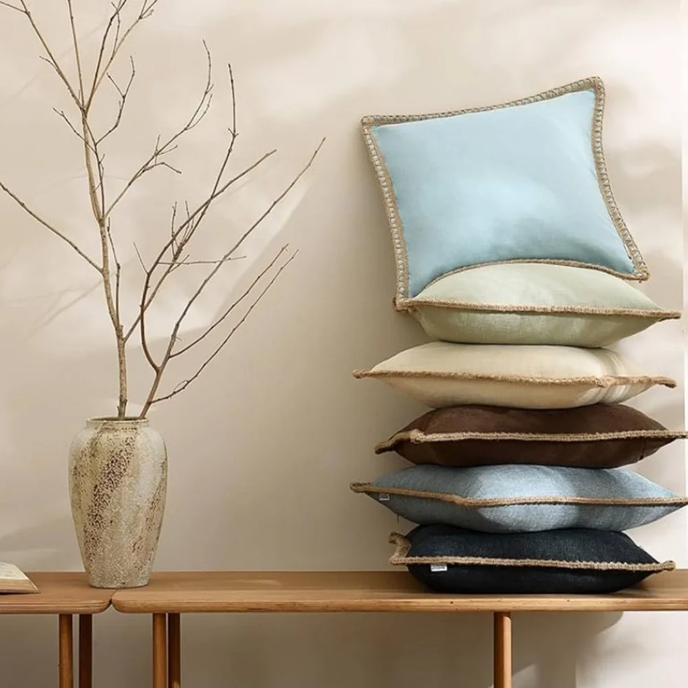 Blue LINEN Pillow Covers with Tan BURLAP Trim SQUARE 18x18” (2-Pack)